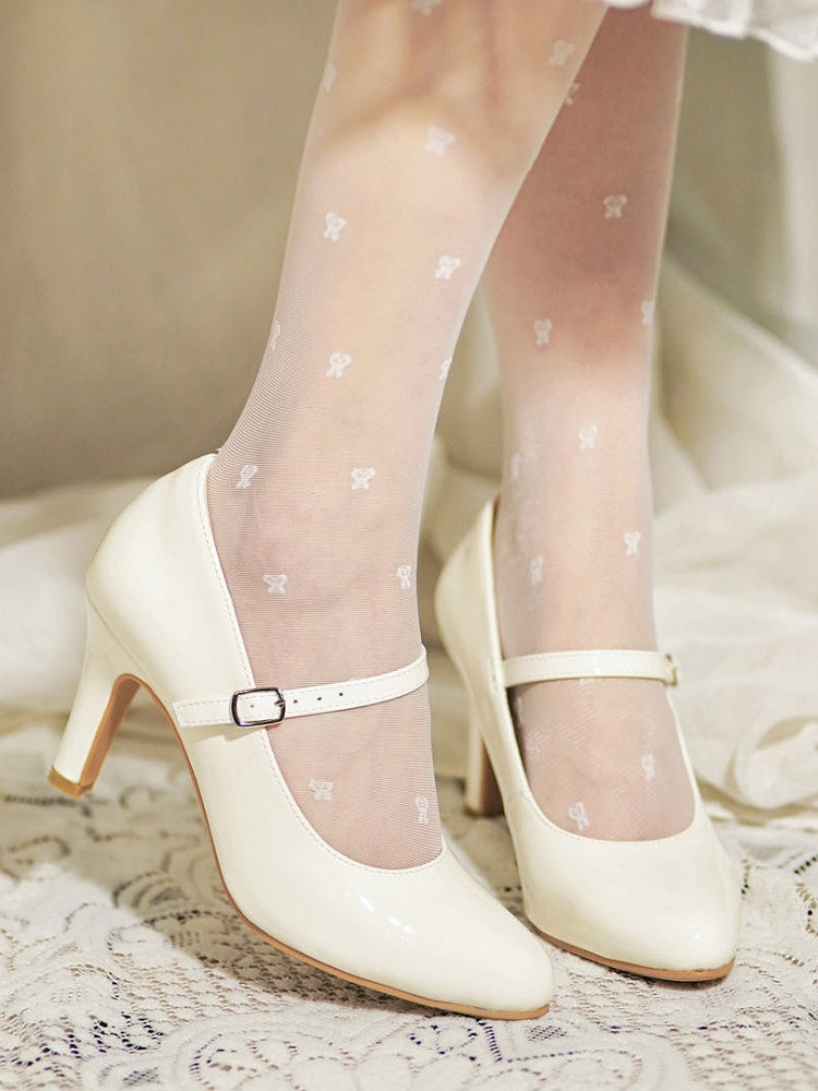 Pointed Closure for Elegant with Buckle Mid-heel/High-heel Ornate Janes Lolita White - Toe Mary
