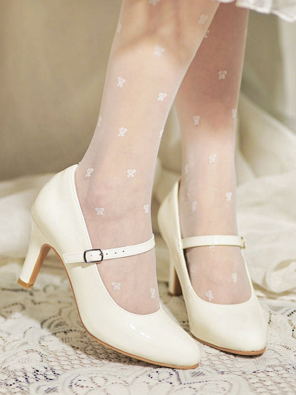 Pointed Closure for Elegant with Buckle Mid-heel/High-heel Ornate Janes Lolita White - Toe Mary