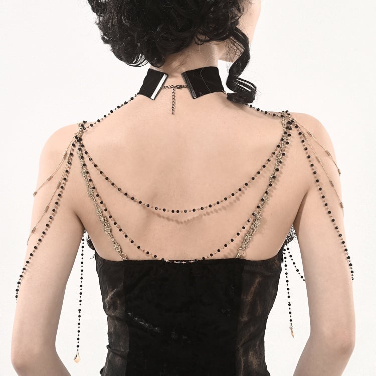 Multi-Layered Shoulder Black Choker Velvet with Chains Gothic
