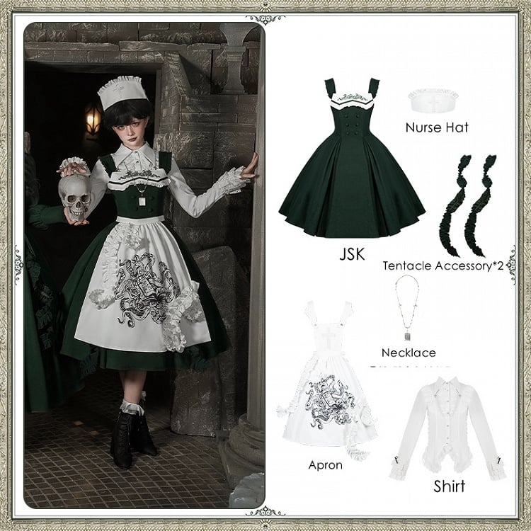 - Cthulhu Green Set Dark Gothic JSK Vibes Shirt Lolita +