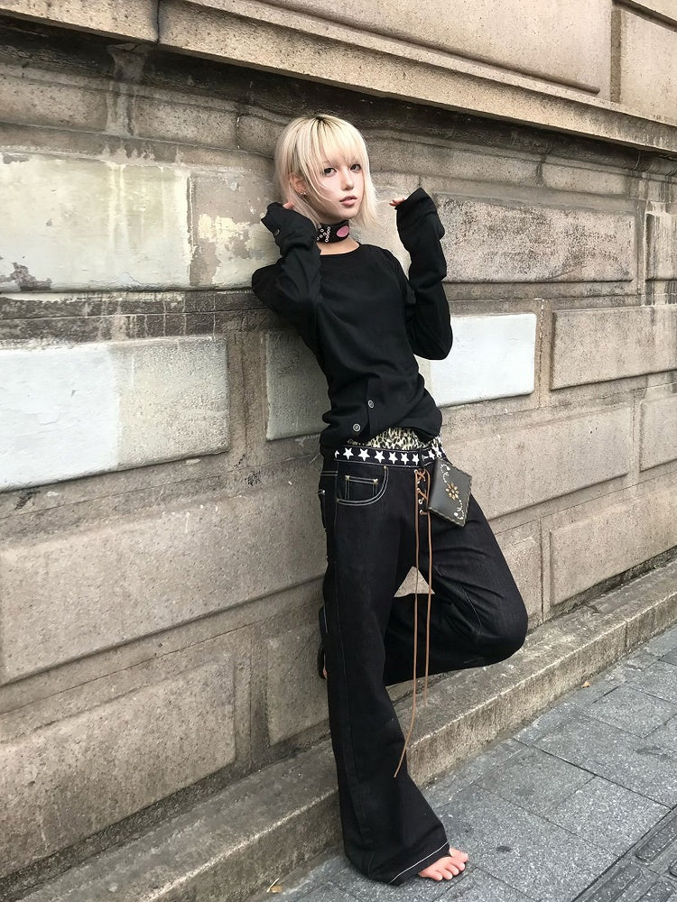 Black Button Details Crewneck Sweatshirt with in