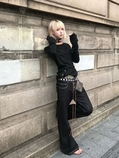 Black Button Details Crewneck Sweatshirt with in
