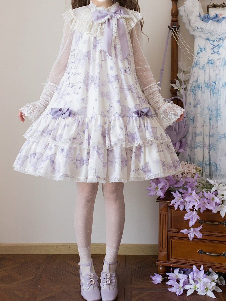 Purple Big Bowknot on Neckline Bows Print Double Layered Lolita Dress