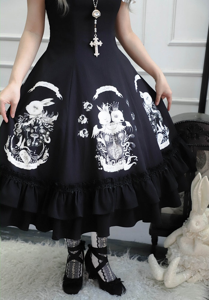 Dark Waist Dress Gothic Bunny Fit Slim Lolita Black Print