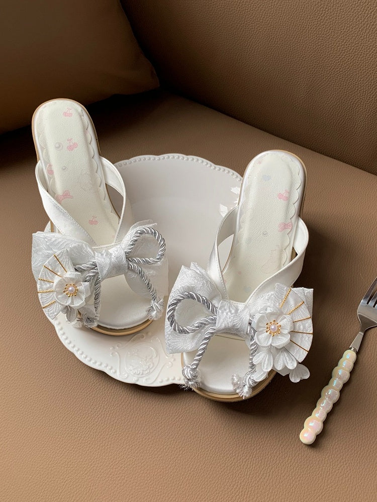 White Wa Lolita Platform Heel Clogs with Big Bow and Floral Details - Aimee