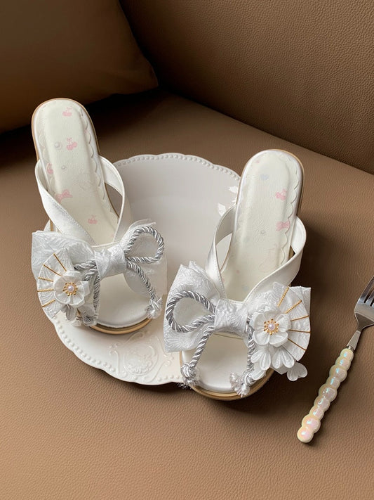 White Wa Lolita Platform Heel Clogs with Big Bow and Floral Details - Aimee