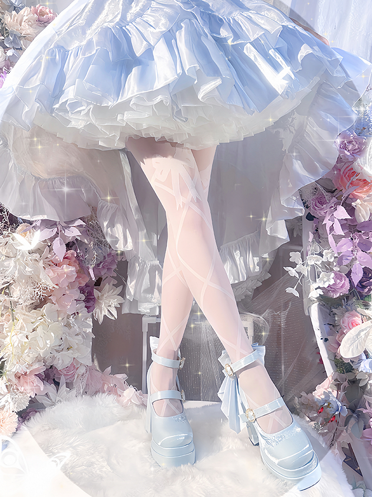 ブロックヒールの刺繍入りプラットフォームハイボウノット、ヴァレージェーンズライトリリーオブデタッチャブルザブルーメアリー