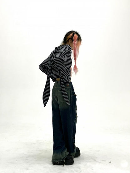 Decorated Striped Bunny Sleeve with Hoodie Ears Long