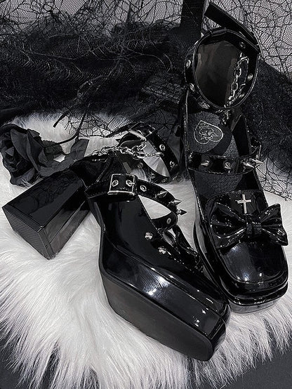 Gothic Polished Black High-heel Mary Janes with Snap Design,  Detachable Cross Charm Chain & Studded Accents