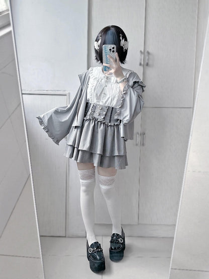 Jirai Kei Sleeves with White/Black/Blue/Pink/Gray Hooded in Baggy Kitty-Ear Long Jacket