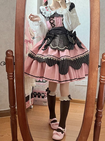Pink Striped Square Details Sweet with Dress Bow Brown Neckline Lolita