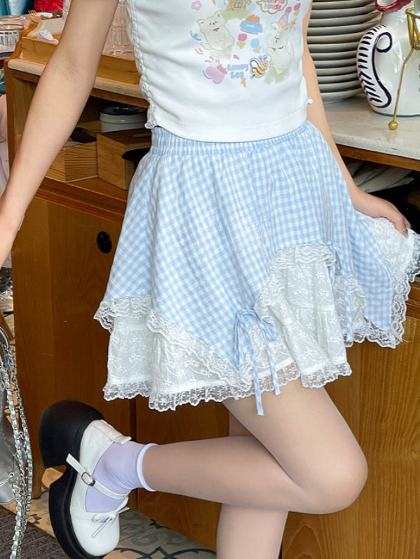 Contrast Lace Patches Blue Plaid Elastic Waist Bowknot Details Skirt