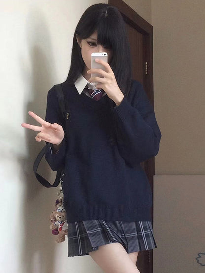 Blue/Black/Gray/White V-neck Embroidery Sweater Letter