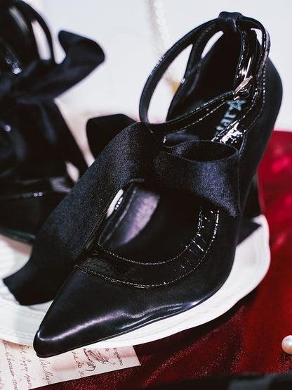 Heels Black Accent Knotted Toe Pointed High Bow Gothic with