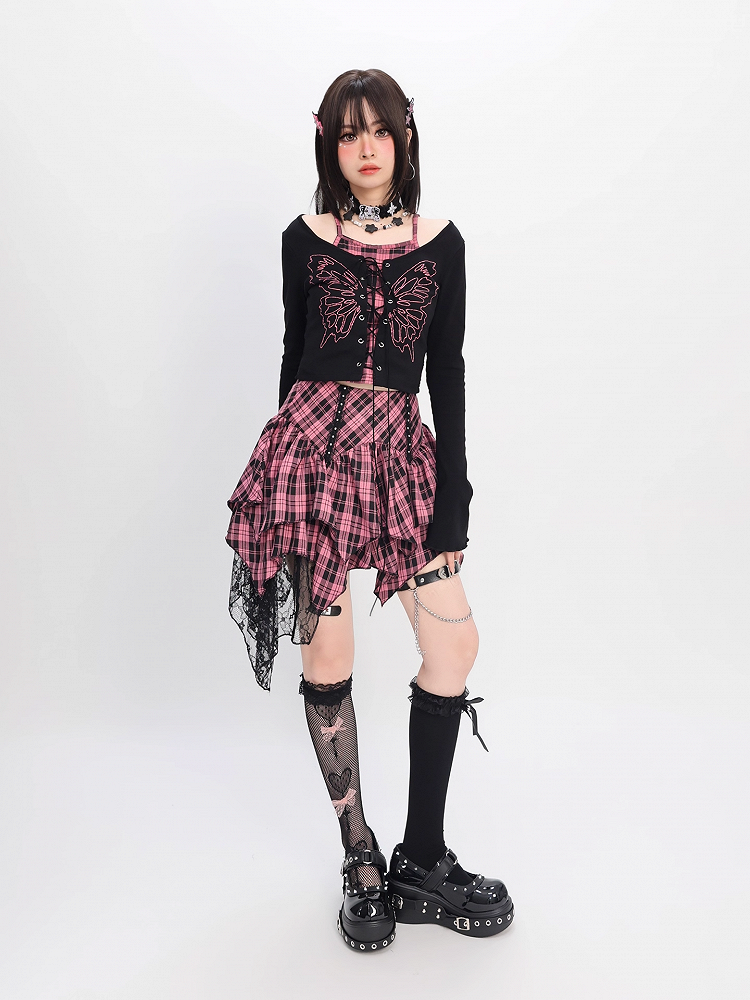 Top Faux Y2K Schnürung vorne Schmetterlingsdruck Schwarz Pink Plaid Zweiteiler und