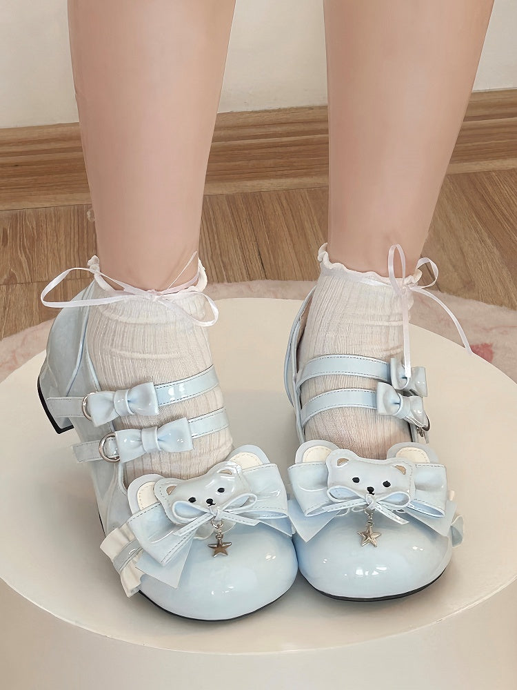 Jane Trim Shoes Mary Sweet Ruffle Themed Bear Lolita with Blue