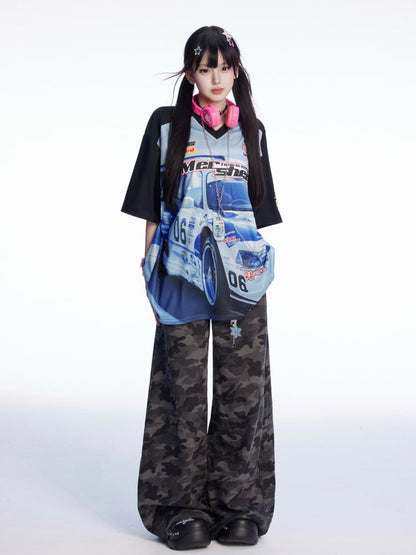 Blau Schwarz und T-Shirt Colorblock V-Ausschnitt Racing Print Loses Design