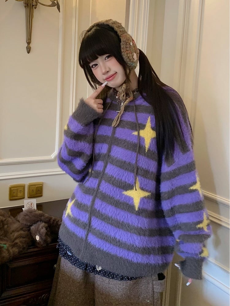 Stripe with Purple Pattern Star Zip-up Y2K Knit Jacket