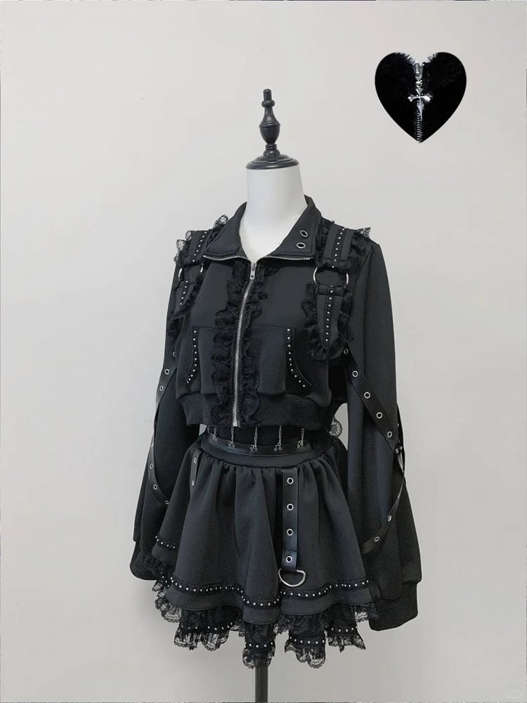 Jirai Bow Skirt + Black Lace Set Zipper Decor Kei Chain-Waist Leather Leg Strap Top Warmers