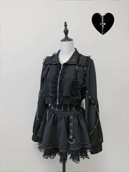 Jirai Bow Skirt + Black Lace Set Zipper Decor Kei Chain-Waist Leather Leg Strap Top Warmers