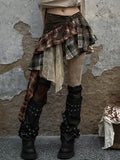Patchwork Skirt Green with Studded Punk Belt Plaid Military Denim