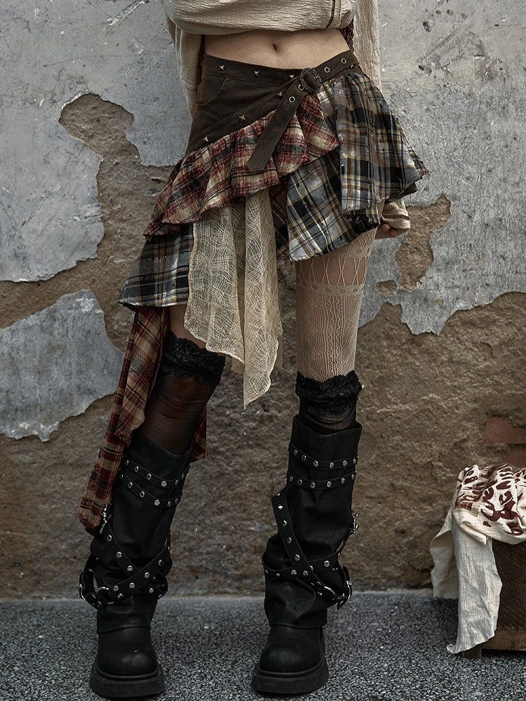 Patchwork Skirt Green with Studded Punk Belt Plaid Military Denim