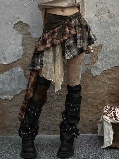 Patchwork Skirt Green with Studded Punk Belt Plaid Military Denim