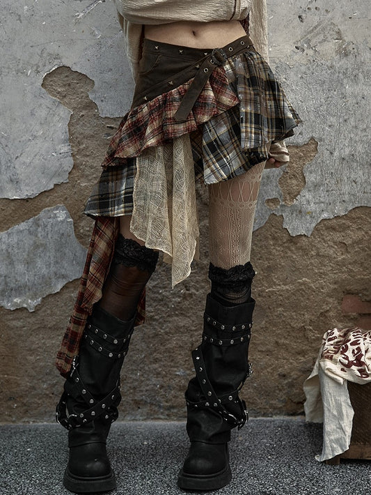 Patchwork Skirt Green with Studded Punk Belt Plaid Military Denim