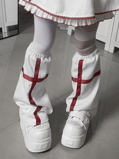 Yami Kawaii White Leg Warmers with Red Cross Design