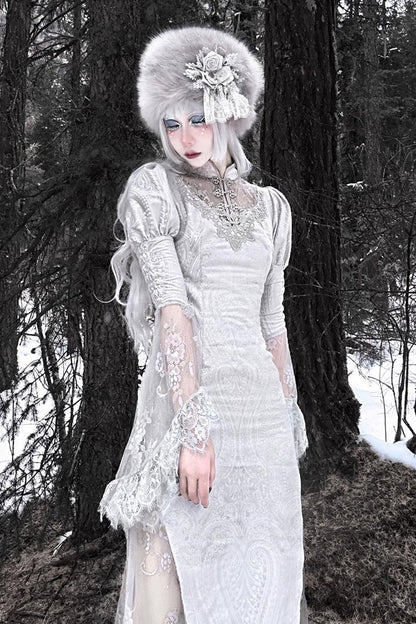 Silver V-Neck Long Sleeves High-Waisted Ruffle Lace Gothic Fishtail Dress