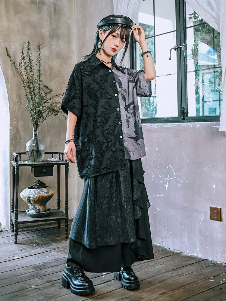 Gothic Crow-Print Asymmetric Shirt in Black & White - Quirky Hut