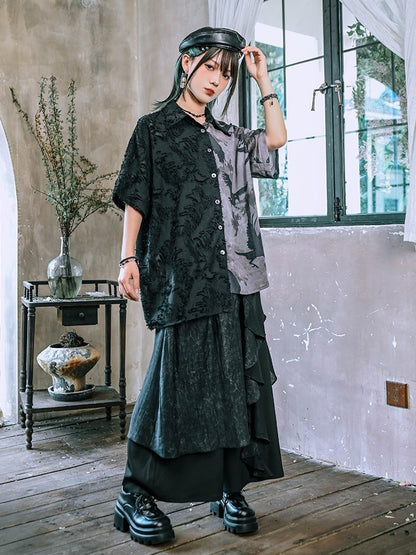 Gothic Crow-Print Asymmetric Shirt in Black & White - Quirky Hut