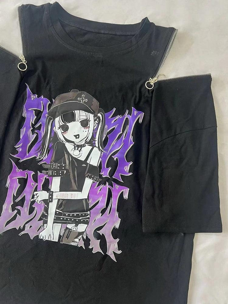 T-Shirt Kei Schwarzer Hals Runder Cartoon Mädchendruck Jirai