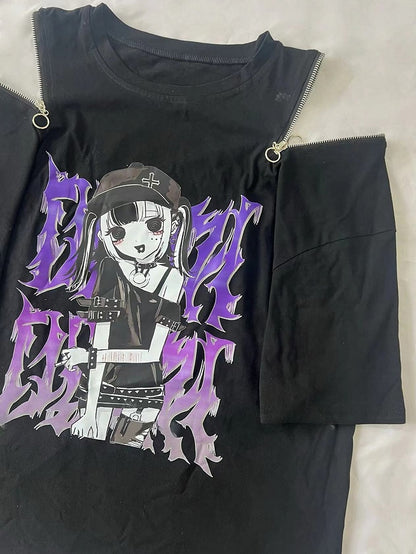 T-Shirt Kei Schwarzer Hals Runder Cartoon Mädchendruck Jirai