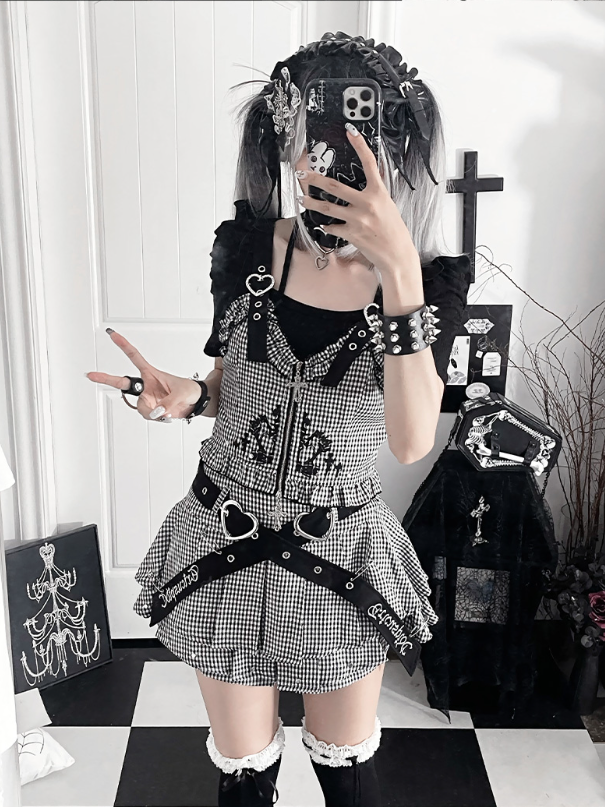 with Zipper Ruffled White Heart Vest Gothic Black Cross Houndstooth Straps Buckle