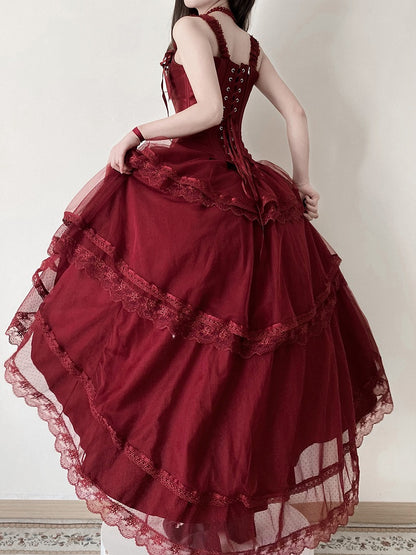 Red Classic Lolita Corset Top with Layered Tulle Skirt - Caramelantike