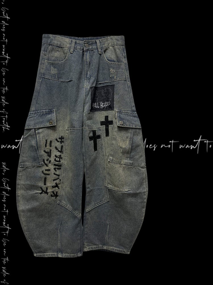 Jeans Blue Cross Applique Wasteland Punk Distressed Weites Bein Cargo
