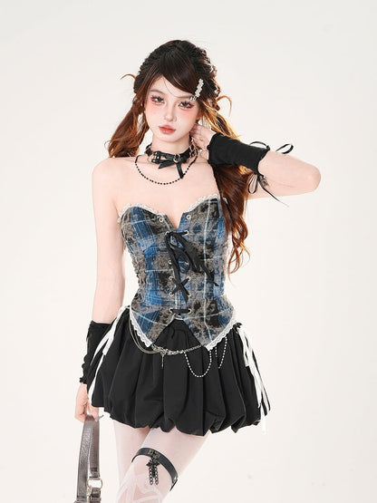 Leopard and Strapless Top Pattern Plaid Brown/Blue Lace-up Front Lace Trim