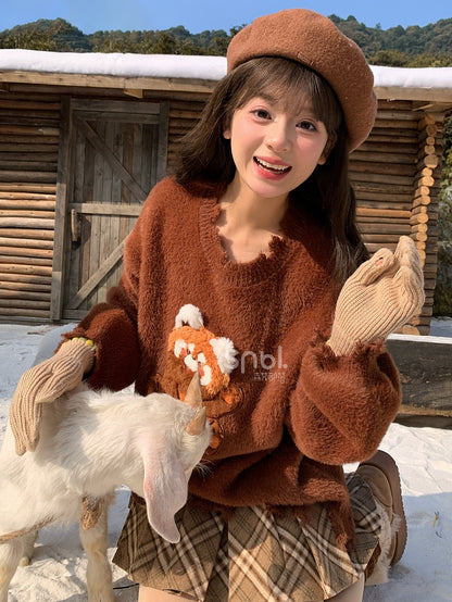 Brown Cute Red Panda Adorned Distress Trim Loose Sweater