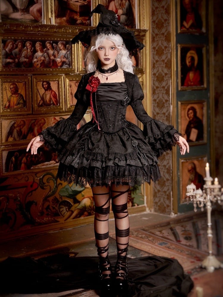 Lagenrock mit Kordelzug Schwarz Vampir Detail Lolita Gothic