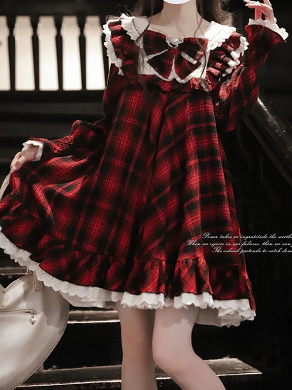 Black Silhouette Sleeves Doll Dress: A-Line Tiered Flutter with Plaid Red