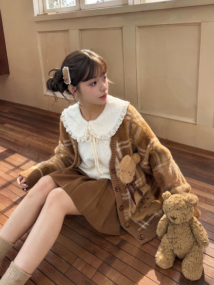Brown Cute Cookie Bear Adorned Plaid Loose Cardigan