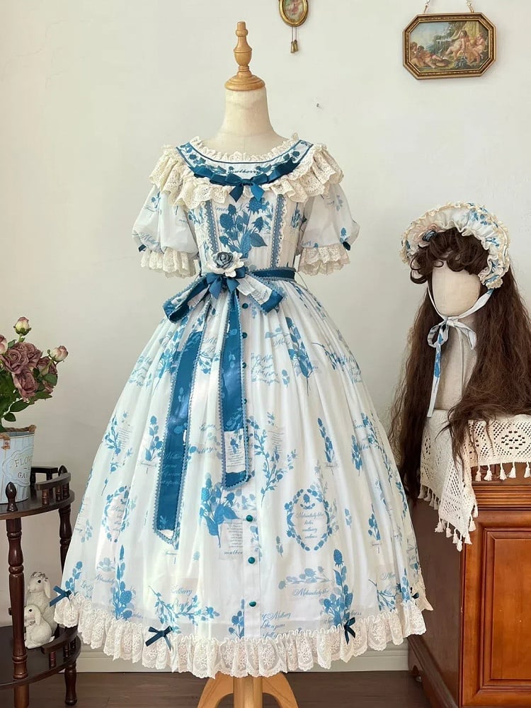 Self-tie Poetry‌ Classic Sash Lolita Sizes Plus Blue Print Elegant and with Available Mulberry Dress