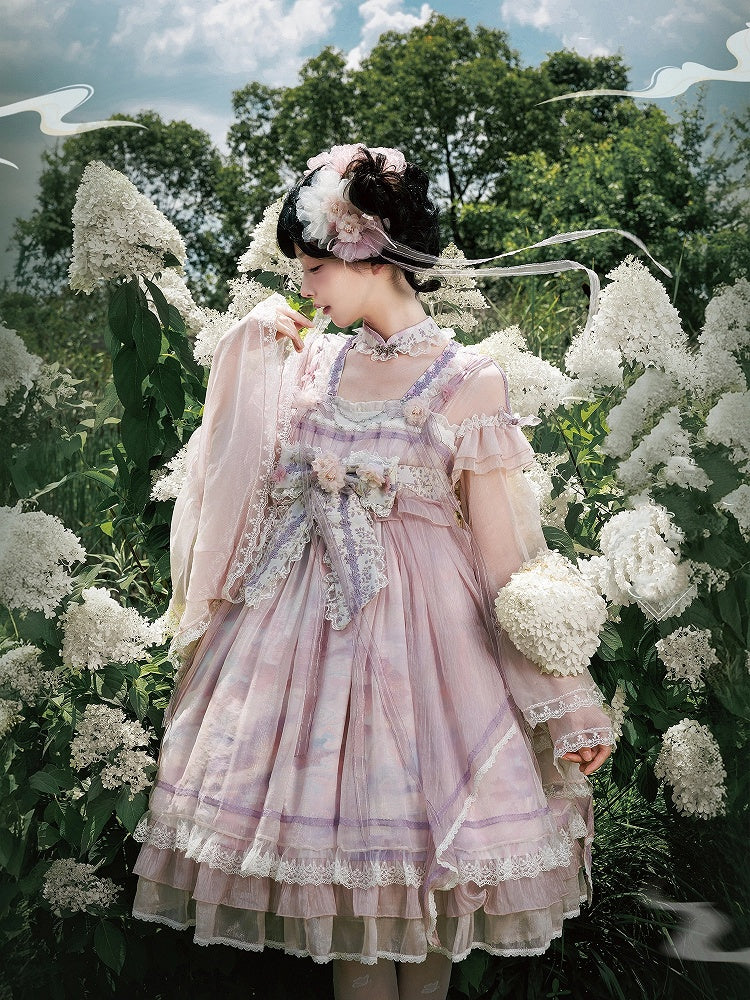 Han Bow Lolita Stück Langes Rosa-Lila Halbtransparente Printärmel Großes Kleid Whale Wide One