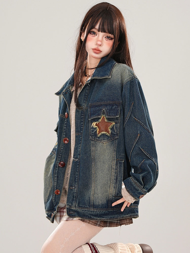 Denim Blue Star Patches Faded Wash Jacket