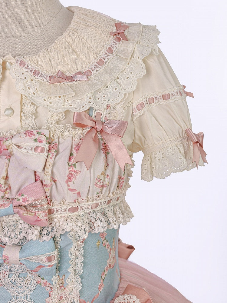 Doll Theme JSK Dress in Blue & Pink with Bow Accents, Lolita Style - Alice Girl