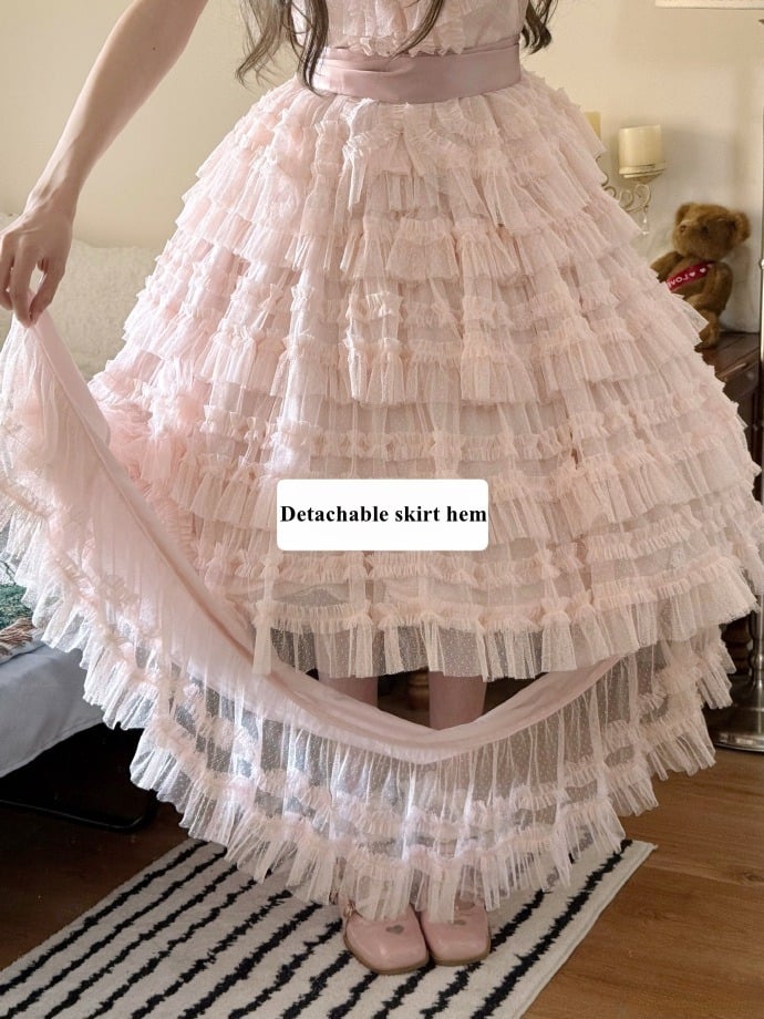 Multi-layered Set Blouse + Belt - Mesh Elegant Bell Sleeves Waist Skirt Lolita Cotton Vest Pink Classic Tulle Dotted