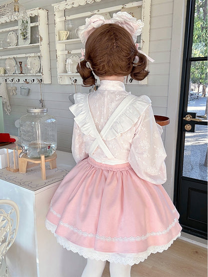 ピンク＆ホワイトの桜ジライケイ フルセット - ベルスリーブトップ+パフスカート+エプロン 桜祭り 和風衣装