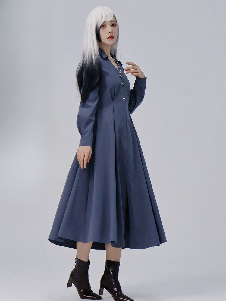 Dusty Collar Point Blue Chinese with Dress in Shirt Flat Style