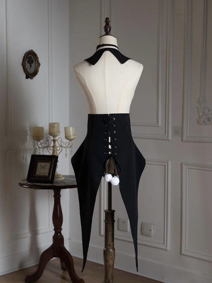 Gothic Tailcoat Fashion Black with Pompoms Waistcoat Lace-up at Back Ouji